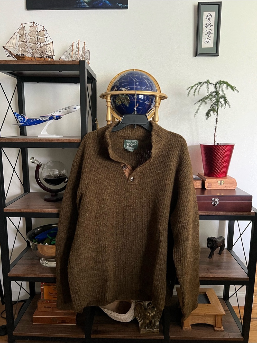 Woolrich Men's Brown Shawl Collar Button-Up 100% Wool Sweater